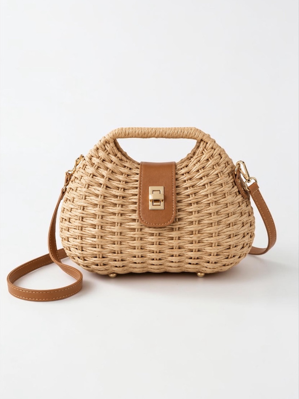 Positano Woven Crossbody straw Bag
 with Leather Trim - Natural - Picture 2 of 4